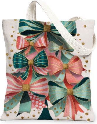 Generic Christmas Bow Canvas Tote Bags, Holiday Ribbon Pattern Reusable Grocery Bags, Festive Vintage Lightweight Washable Shoulder, Multicolor, 13x15 Inch