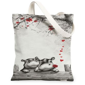 Generic Cute Hippo Canvas Tote Bags, Adorable Animal Pattern Reusable Grocery Bags, Vintage Floral Lightweight Washable Shoulder St, Gray, 13x15 Inch