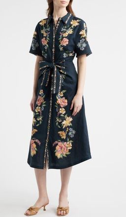 Farm Rio Maira Floral Belted Midi Shirtdress in Maira Floral Dark Blue at Nordstrom, Size Xx-Small