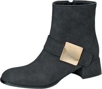 Generic Womens Casual Ankle Boots Round Toe Med Block Heel With Side Zipper And Metal Decoration Everyday Short Booties