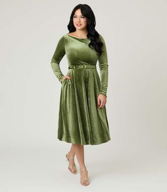 Unique Vintage Long Sleeve Belted Devon Swing Dress in Olive Green at Nordstrom, Size X-Small