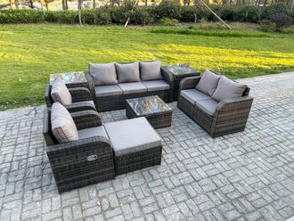 Fimous 8 Seater Garden Furniture Set Rattan Outdoor Lounge Sofa Chair With Tempered Glass Table 2 Side Tables Big Footstool Dark Grey Mixed