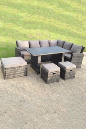 Fimous 9 Seater High Back Rattan Set Corner Sofa With Black Tempered Glass Dining Table 3 Stool in Dark Grey