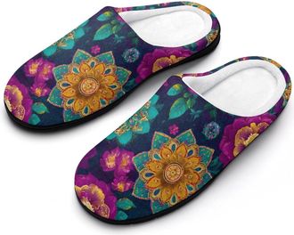 Generic Colorful Indian Boho1 Flower Pattern Funny Mens Cotton Slippers Soft Non-Slip Rubber Sole House Slipper Indoor Outdoor