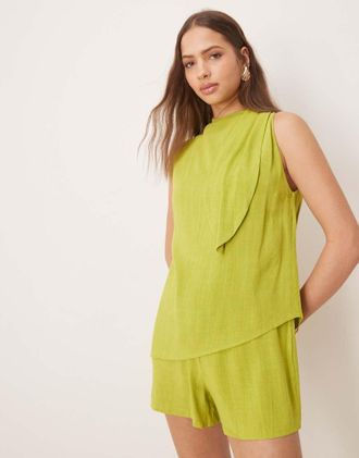 Asos Tuta corta in lino verde lime a doppio strato con dettaglio annodato al collo