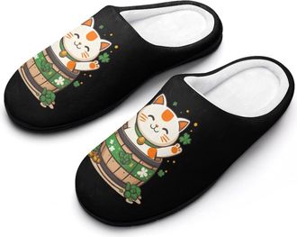 Generic Lucky Cute Cat Shamrocks Beer Fashion Cotton Slippers for Women Memory Foam House Slippers Non-Slip House Bedroom Shoes