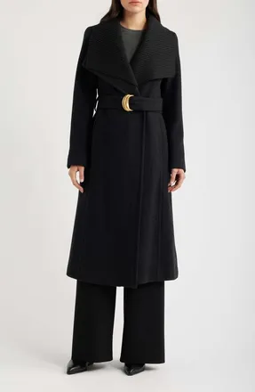 DKNY Ribbed Collar Belted Coat in Black at Nordstrom, Size X-Small