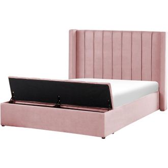 Beliani Beliani - Cama Con Somier De Terciopelo Rosa 140 X 200 Cm Reposacabezas Alto Banco Noyers