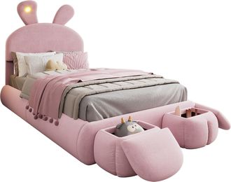 STILVORA Cama Infantil 90 X 200 Cm De Terciopelo Con Cabecero De Conejo, Taburete De Almacenamiento Redondo, Led, Sin Colch&oacute;n, Rosa