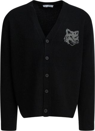 Maison Kitsun&eacute; Fox Head Intarsia Cardigan - Heren - Vesten - Zwart - XL - Wol - Truien & Vesten