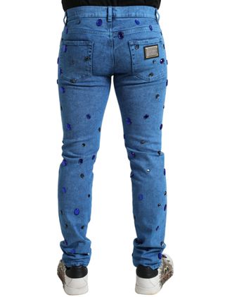 Dolce & Gabbana Mens Blue Crystal Embellished Skinny Denim Jeans Cotton Polyester Elastane Clothing