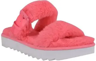 Nine West Funkie Sandals Womens Pink Faux Fur Cozy Slip On Slides JOBB151