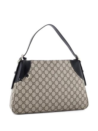 Gucci Emblem GG Coated Canvas with Leather Large shoulder bag - women - Fabric/Leather - One Size - Brown