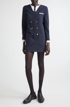 Thom Browne Trompe lOeil Mixed Media Long Sleeve Minidress in Navy at Nordstrom, Size 10 Us
