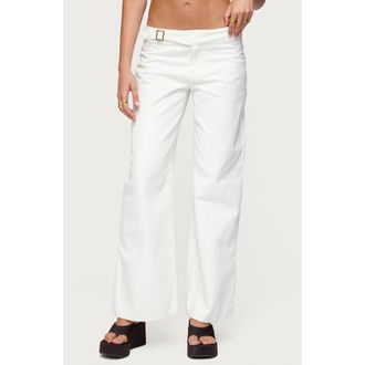 Edikted Buckle Tab Low Rise Wide Leg Pants in White at Nordstrom, Size X-Small