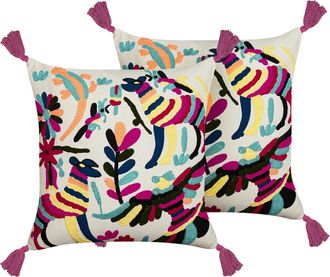 Beliani Conjunto De 2 Cojines De Algod&oacute;n Blanco Rosa Amarillo 50 X 50 Cm Lana Raiganj