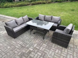 Fimous 7 Seater Dark Grey PE Rattan Garden Furniture Set Reclining Chair Lounge Sofa 3 Seater Sofa Set Dining Table
