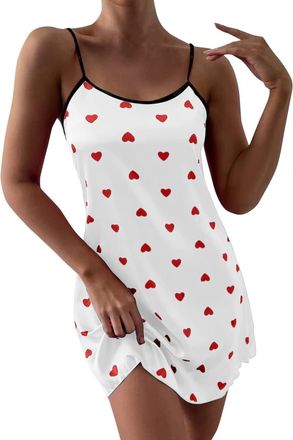 Generic Nightdresses for Women UK Suspenders Heart Print Cami Homewear Satin Nightdress Midi Dress Nighties Women Silk Nightgown Loose Womens Lingerie Set Plu