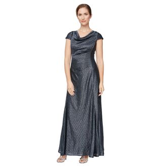 Alex Evenings A-line Dress Womens Navy Metallic Cowl Neck Cap Sleeve GBO3022