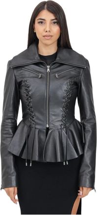 Versace Jeans Couture Zwarte leren peplum jas - Dames - Leren en Su&egrave;de Jassen - Zwart - M - Leer - Jassen