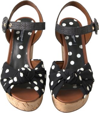 Dolce & Gabbana Black Wedges Polka Dotted Ankle Strap Shoes Womens Sandals