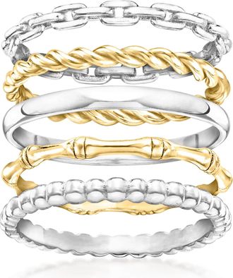 Ross-Simons Sterling Silver and 18kt Gold Over Sterling Jewelry Set: 5 Stackable Rings