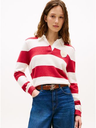 Tommy Hilfiger Womens Rugby Stripe Sweater Polo - Red - XXL