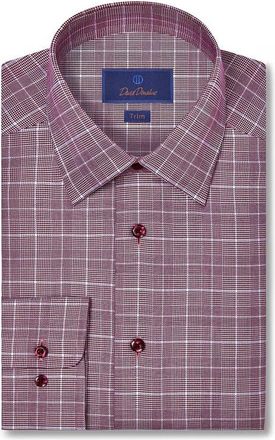 David Donahue Trim Fit Glen Plaid Twill Cotton Dress Shirt in Merlot at Nordstrom, Size 17.5 - 34
