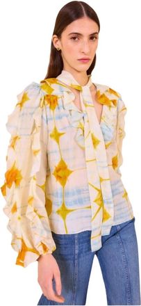 Ulla Johnson Handgeverfde Zijden Blouse met Ruches - Dames - Blouses - Veelkleurig - M - Denim - Overhemden
