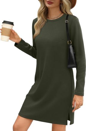 Generic Womens Casual Long Sleeve Dress Crew Neck Solid Color Shift Fall Fashion Dress with Side Slit (Olive Green,M)