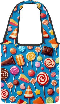 Generic Blue Candy Pattern Reversible Canvas Shoulder Tote - Double-Sided Print, 12oz Cotton, 27cm Drop, Fold-Flat Bag for Travel, Shopping, Street Outings