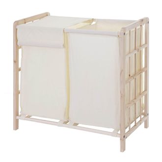 Hhg Hhg - Nunca Usado] Cubo De La Ropa 582, Cesto De La Ropa Cesto De La Ropa, Madera Maciza 2 Compartimentos 60x60x33cm 68l, Marr&oacute;n Claro, Tapa Crema