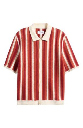 Wax London Porto Stripe Knit Button-Up Shirt in Ecru /Orange at Nordstrom, Size X-Large