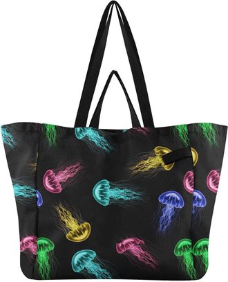 Generic Underwater Jellyfish Black print Reusable Canvas Tote Bag, Heavy Duty Grocery Shopping Bag with Double Handles Hard Bottom Large Capacity Work Groceri