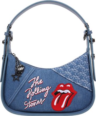 THE ROLLING STONES Denim Shoulder Bag - Tongue Logo Mini Hobo Purse (Navy/Denim & Pink)
