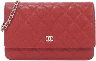 Chanel Red Color Grained Calfskin Chain/Shoulder Wallet (Pre-Owned)