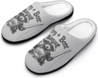 Generic Fishing Beer Raccoon Funny Mens Slippers Cotton Warm House Shoes Memory Foam Sandals Print Size 7-14