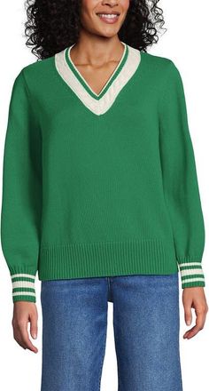 Lands End Drifter Set in Sleeve Vneck Sweater in Vibrant Clover/ivory Tipping at Nordstrom, Size X-Small P