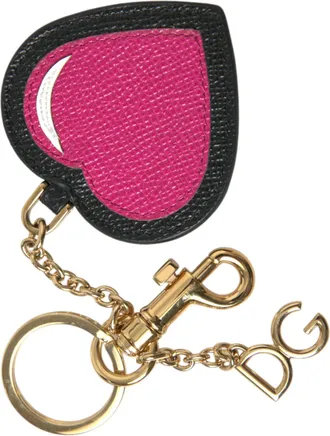 Dolce & Gabbana Pink Black Heart Leather Gold Tone Brass Keyring Womens Keychain