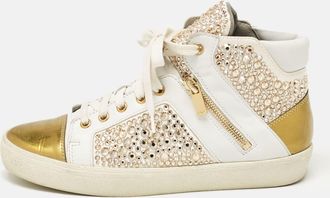 Gina White/gold Leather Crystal Embellished High Top Sneakers