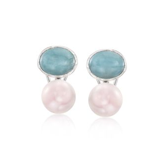 Ross-Simons 13.5-14mm Cultured Pearl and Aquamarine Earrings in Sterling Silver