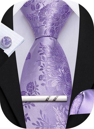 Barry.Wang Light Purple Mens Tie Floral Silk Wedding Necktie Handkerchief Cufflinks Set Formal Party