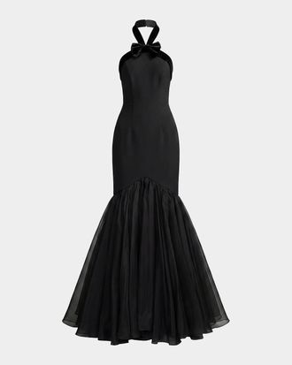 Mac Duggal Halter Bow Mermaid Chiffon Gown