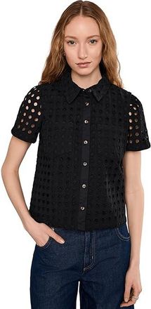 CeCe by Cynthia Steffe Eyelet Short Sleeve Collared Button Down Top Womens Clothing Rich Black : XL, Cotton