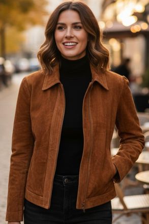 Infinity Leather Womens Tan Suede Leather Bomber Blouson Varsity Jacket - Stella