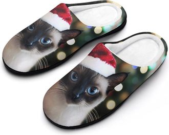 Generic Siamese Cat Christmas Fashion Cotton Slippers for Women Memory Foam House Slippers Non-Slip House Bedroom Shoes