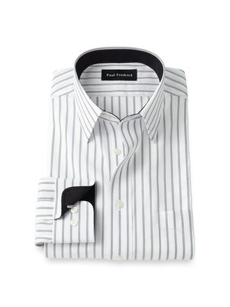 Paul Fredrick Slim Fit Non-iron Cotton Stripe Dress Shirt With Contrast Trim