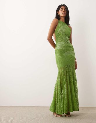 Asos Vestito lungo in pizzo verde con scollo a barchetta accollato, pannelli decorati a caldo e ricami-Nessun colore