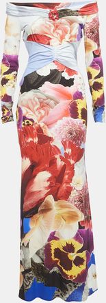 Roberto Cavalli Multicolor Floral Printed Jersey Off Shoulder Dress