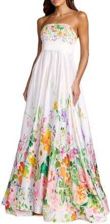 Mac Duggal Floral Print Strapless Satin A Line Gown With Pockets in Ivory Multi at Nordstrom, Size 12